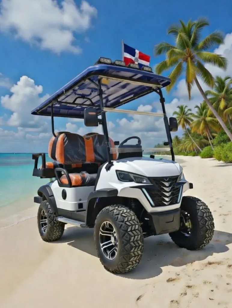 Carro de golf blanco en la playa