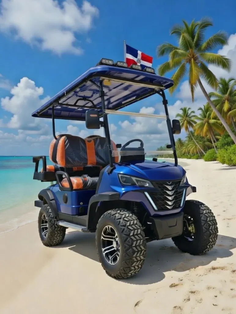 Carro de golf azul en la playa