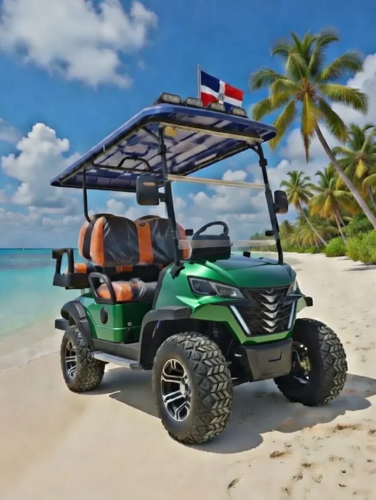 Carro de golf verde en la playa