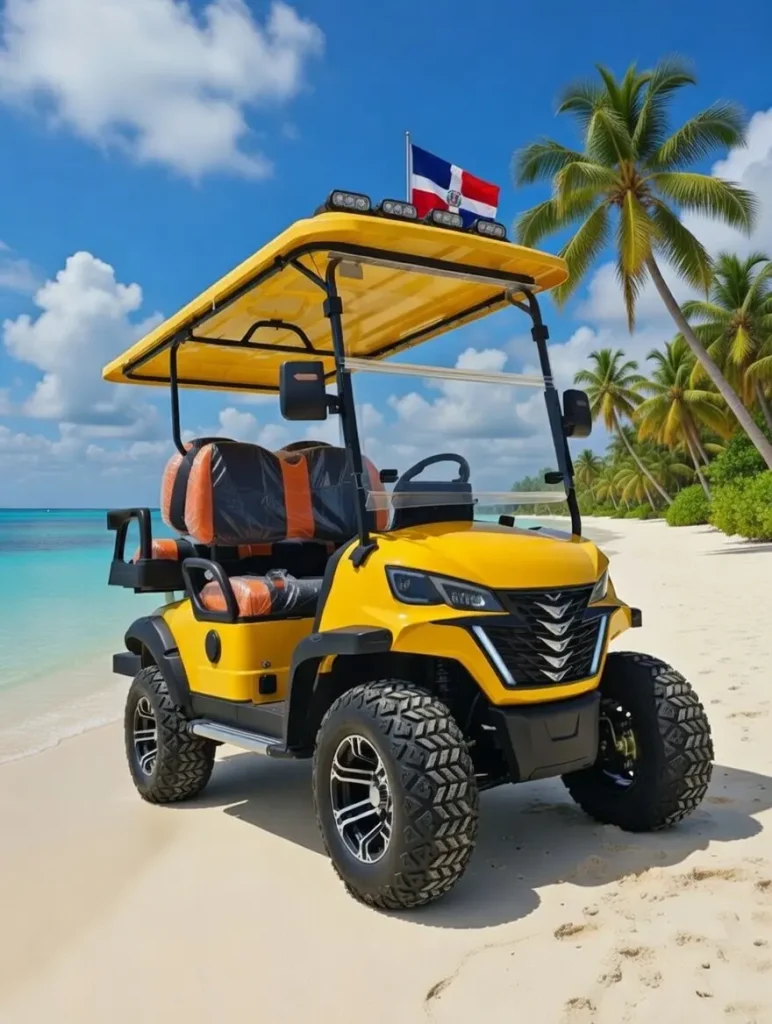 Carro de golf amarillo en la playa