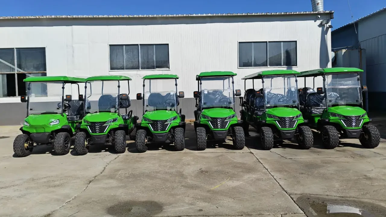 Flota de carros de golf verdes, otra vista